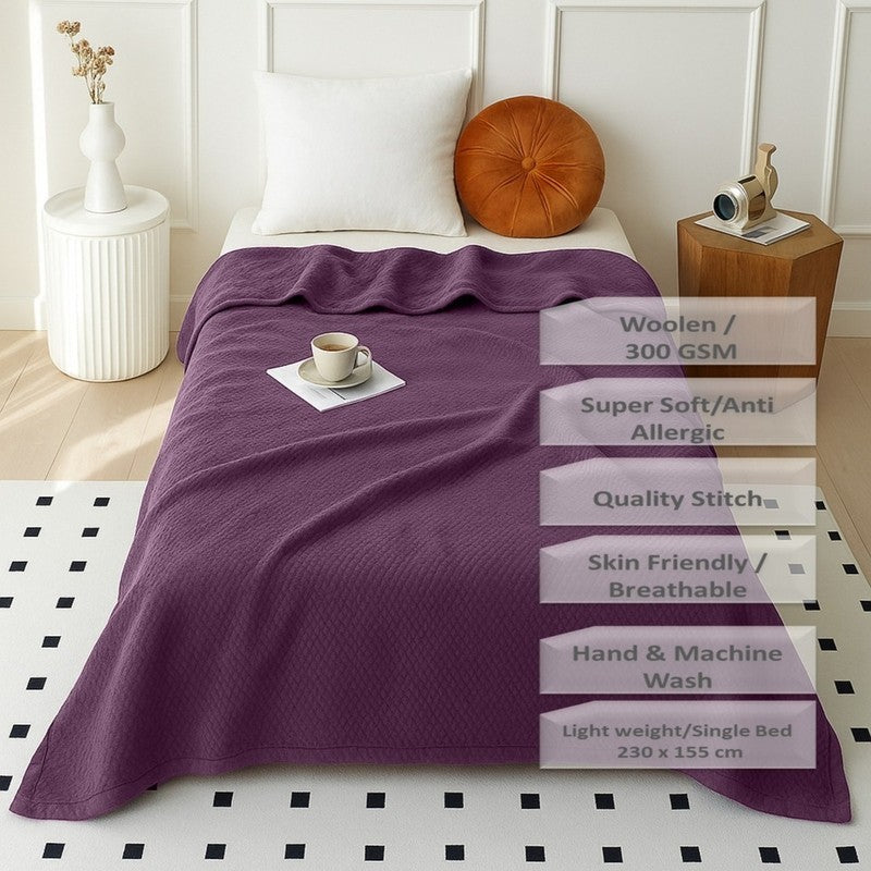 Plushyn Solid Woolen Blanket (Purple) - 300 GSM media 6