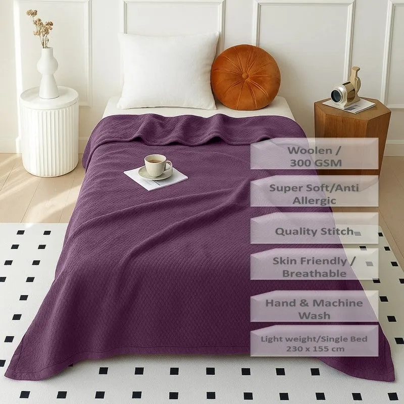 Plushyn Solid Woolen Blanket (Purple) - 300 GSM - 6