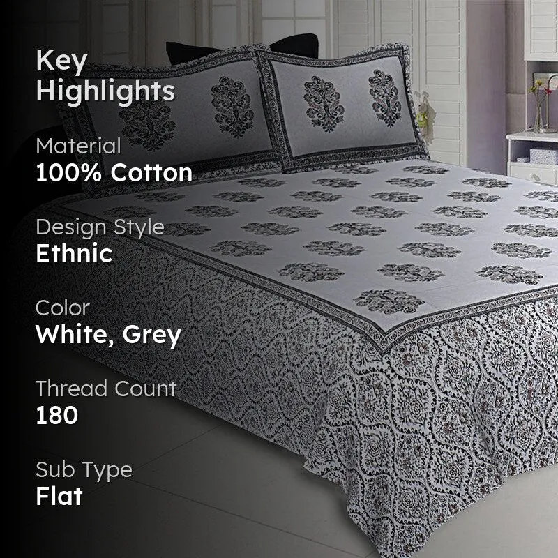 Kruti Ethnic Cotton Bedsheet (White,Grey) - 180 TC media 2