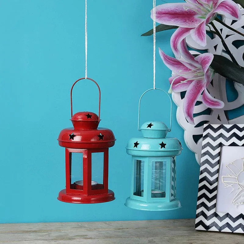 Vaira Lantern Tealight Candle Holder (Aqua Blue & Red) - Set Of Two media 1