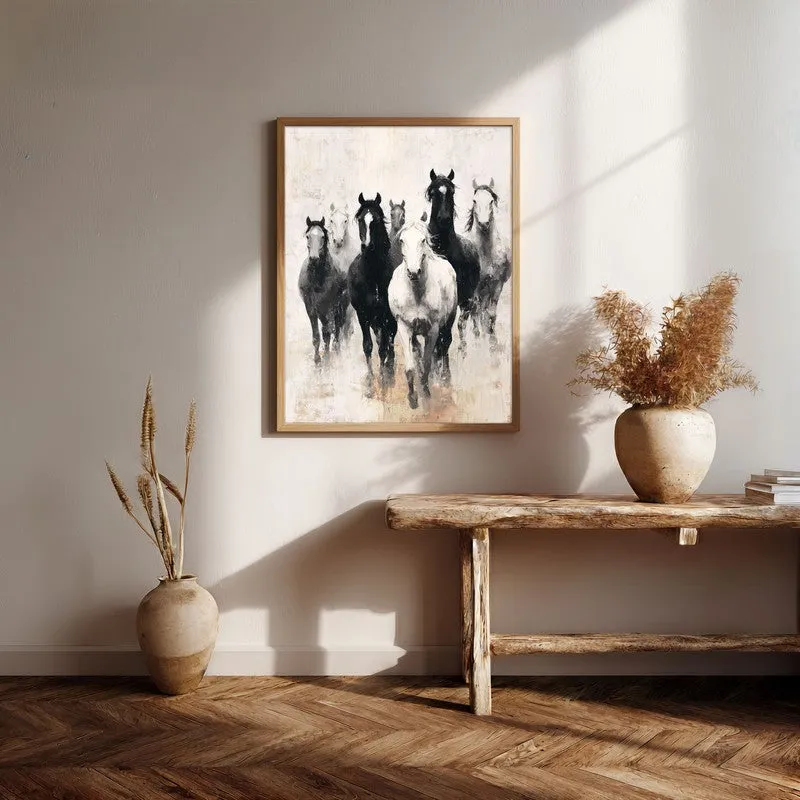 Charcoal Horse Stampede Wall Painting With Brown Frame media 7