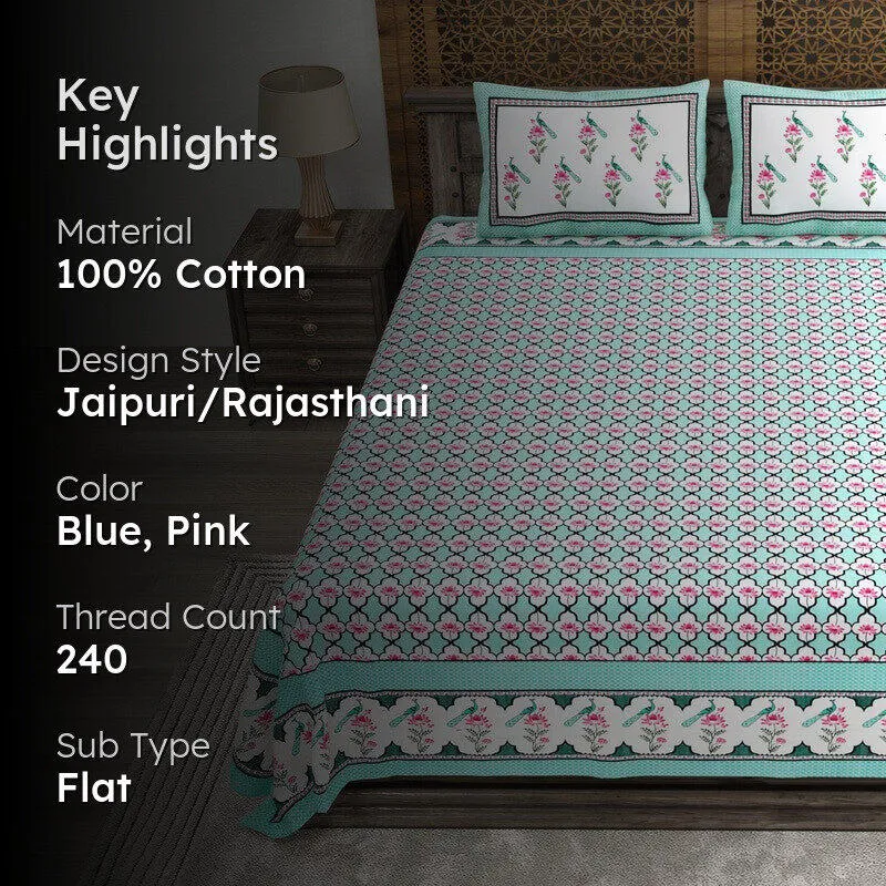 Patternza Cotton Bedsheet (Blue,Pink) - 240 TC media 2