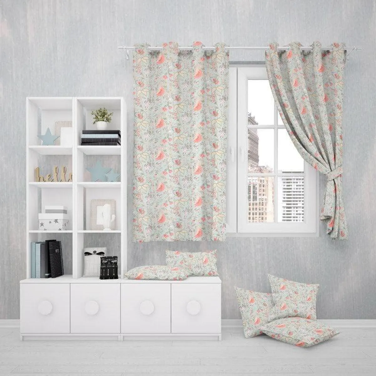 Pale aqua floral curtains styled at a window with one panel tied to the side.