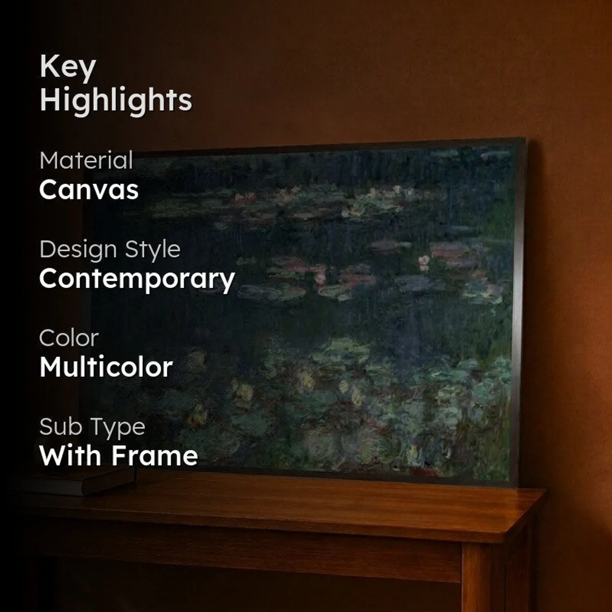 Framed waterlilies painting styled on a console with dark overlay