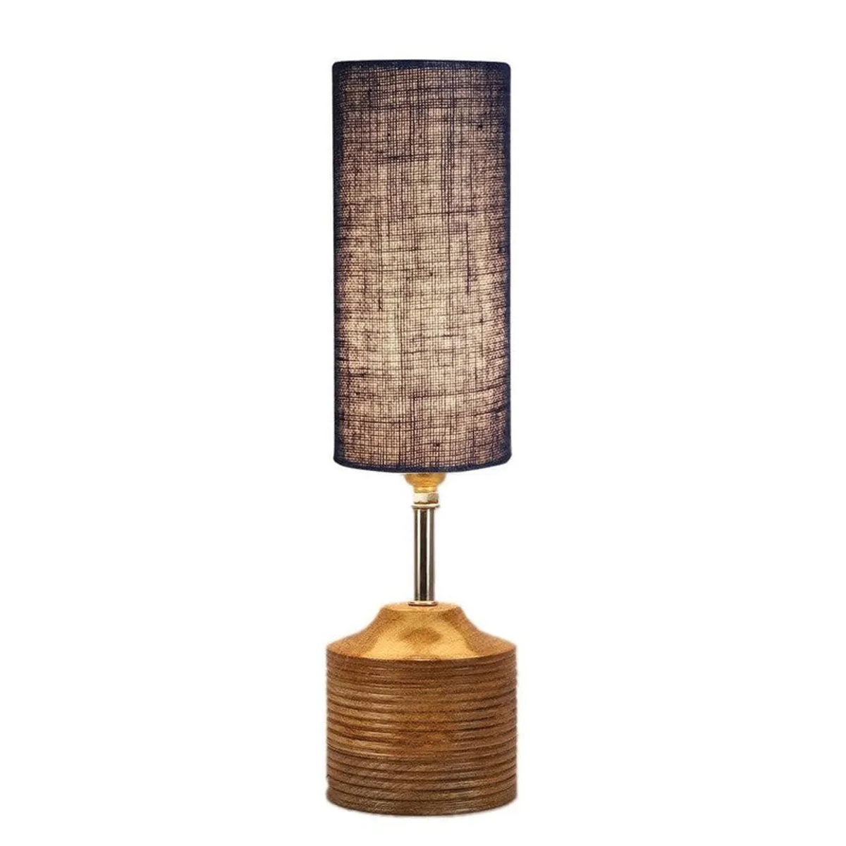 Lit studio view of table lamp with blue shade and brown base