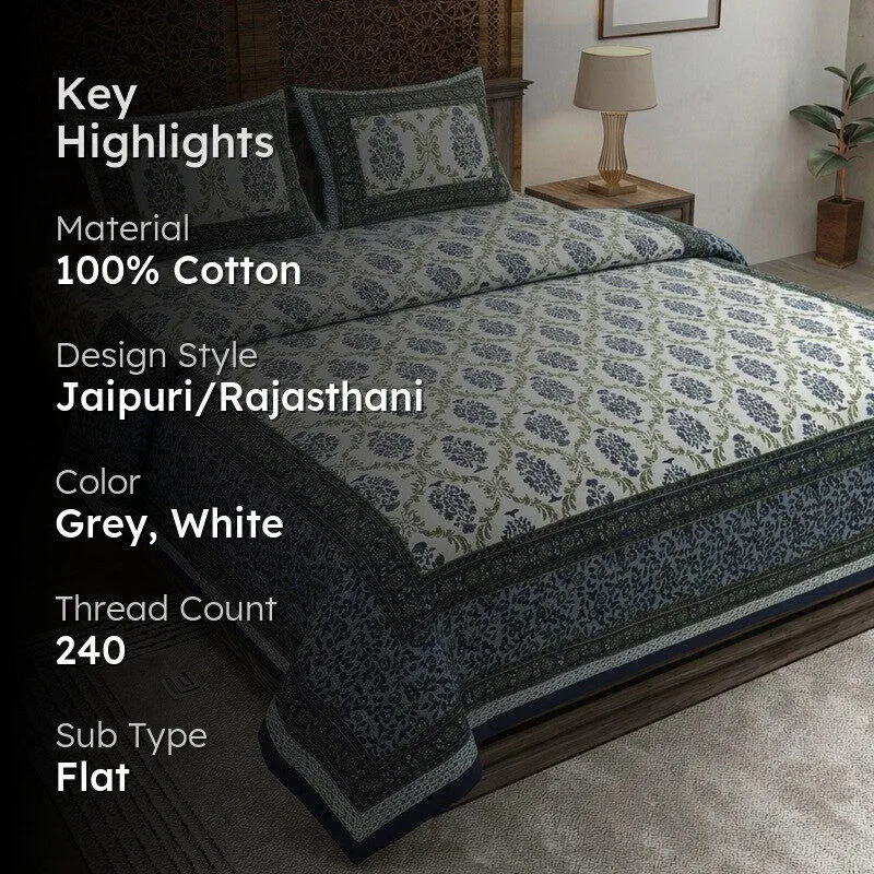 Floraa Cotton Bedsheet (Grey,White) - 240 TC media 2