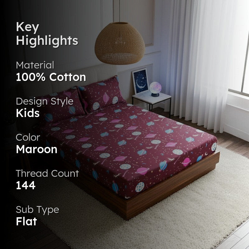 Galaxy Ride Kids Neon Print Cotton Bedsheet (Maroon) - 144 TC media 2