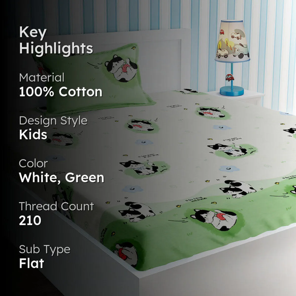 Key highlights graphic for the kids cotton bedsheet in white and green