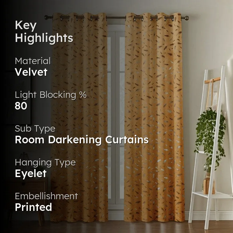 Glow Mist Printed Velvet Curtains (Orange,Gold) - Set Of Two media 2