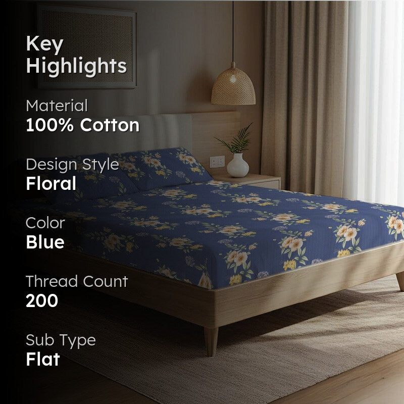 Sky Blossom Floral Cotton Bedsheets (Blue) - 200 TC media 2