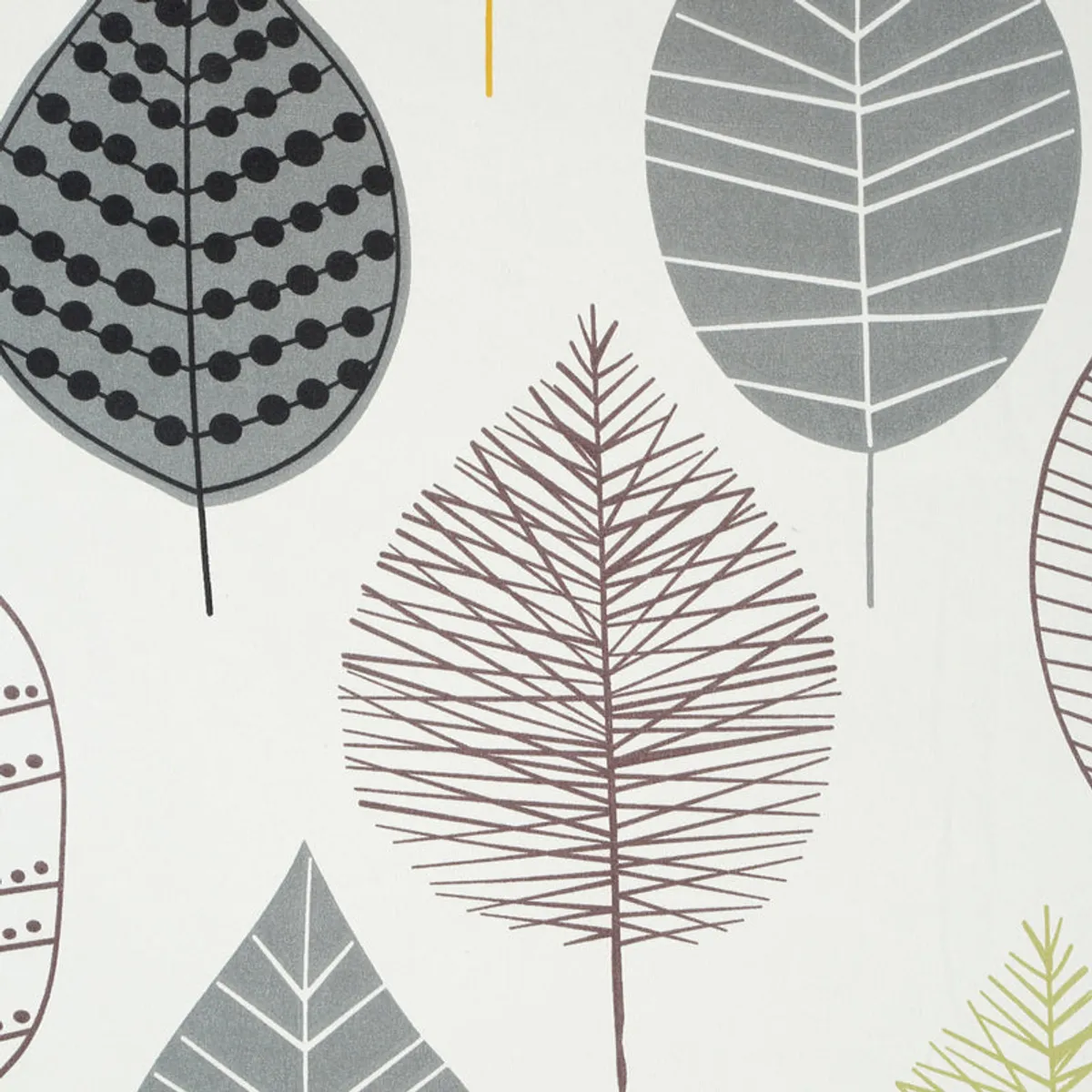 Detailed view of leaf pattern in grey, brown and green on white fabric