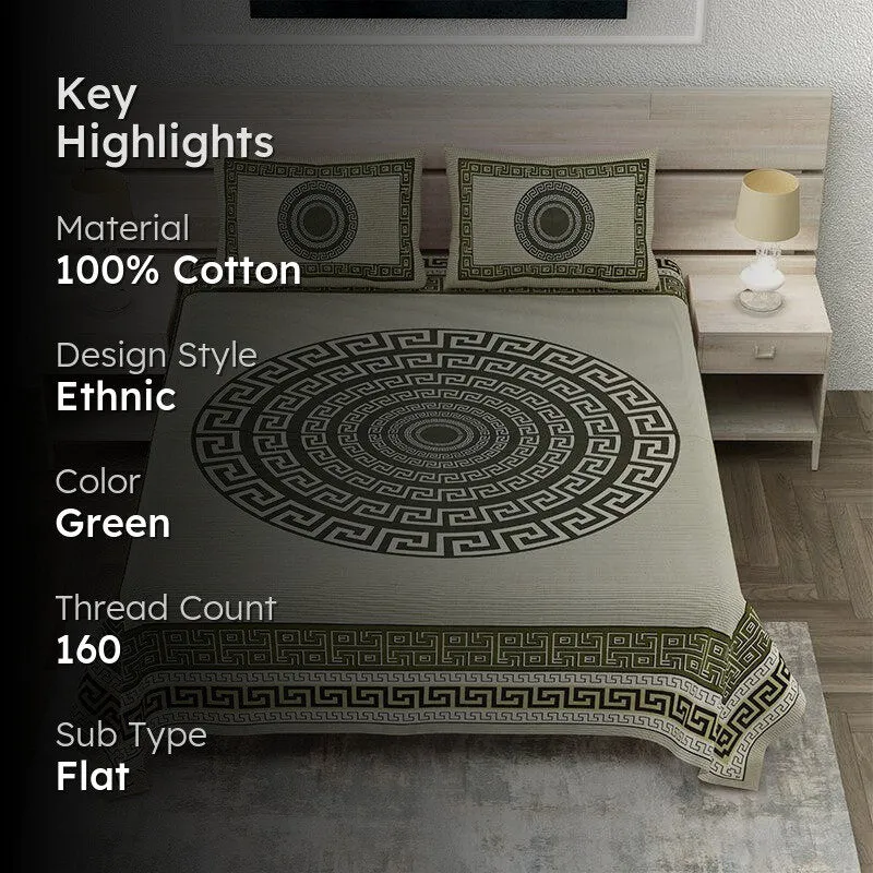 Greek Key Printed Cotton Bedsheet (Olive Green) - 160 TC media 2