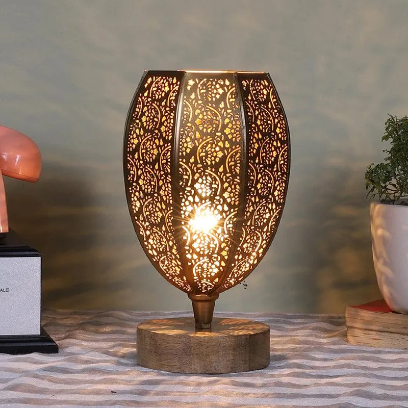 Mehela Etched Metal Table Lamp With Wooden Base - Gold media 1