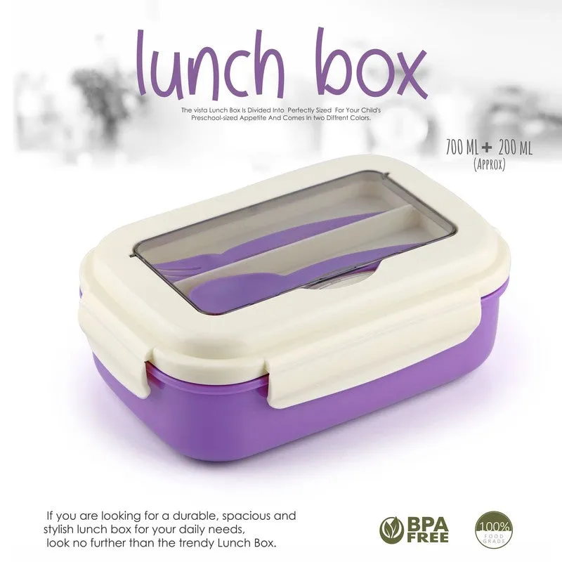 Closed purple lunch box with cream lid and transparent top panel against a white background.
