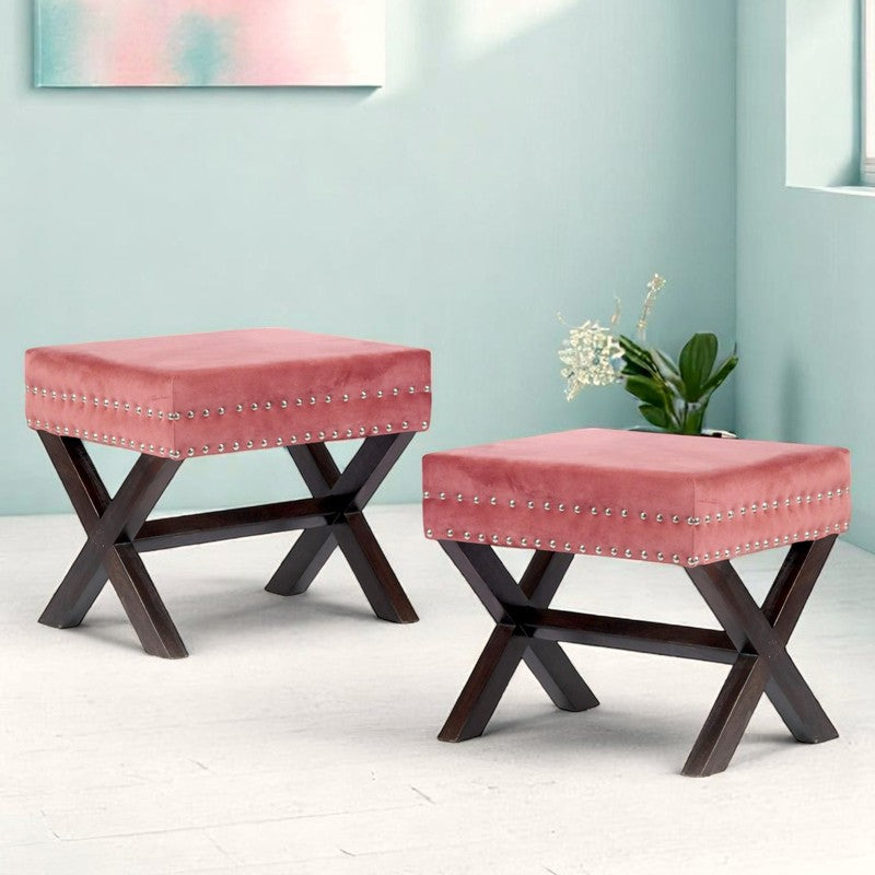 Kavex Sheesham Wooden Stools (Pink) - Set Of Two