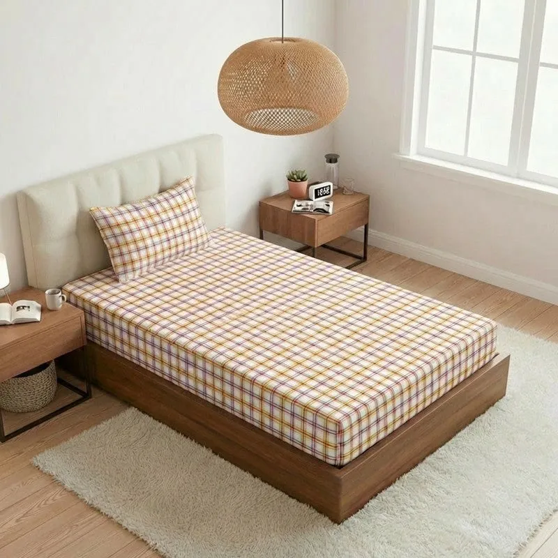 Mizomeen Checkered Printed Cotton Bedsheet (Peach) - 200 TC - 1