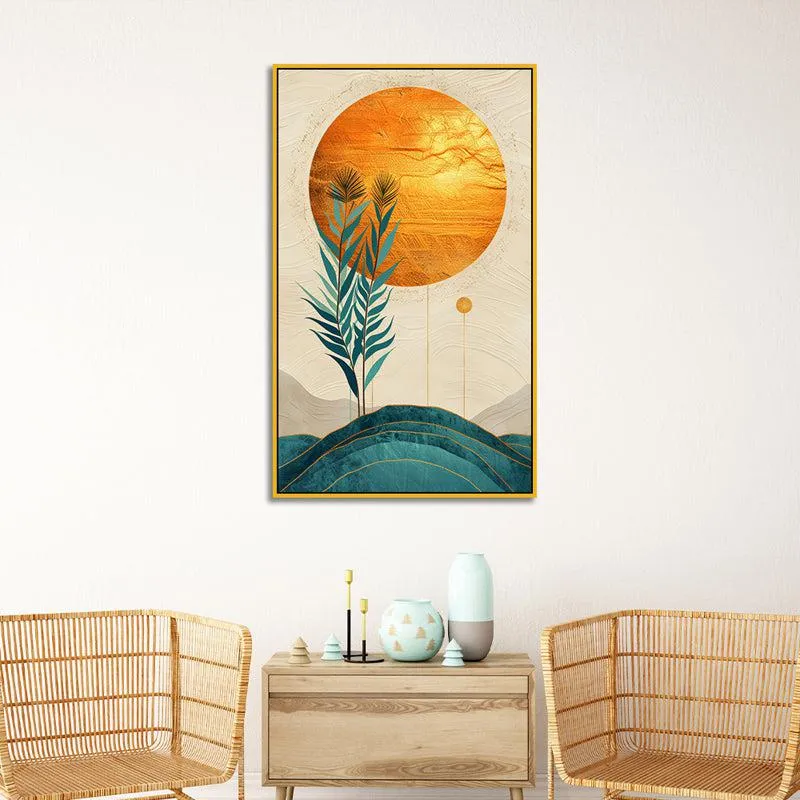 Sunset Indigo Branch Floral Canvas Wall Painting With Frame - Gold media 5
