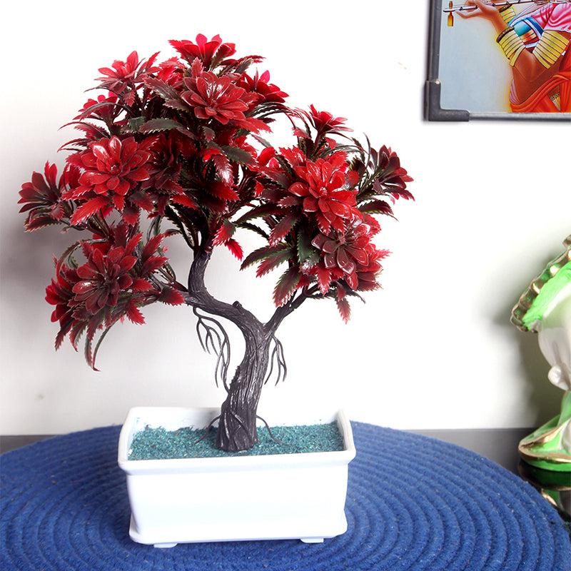 Faux Red Flurry Bonsai With Black Plastic Pot