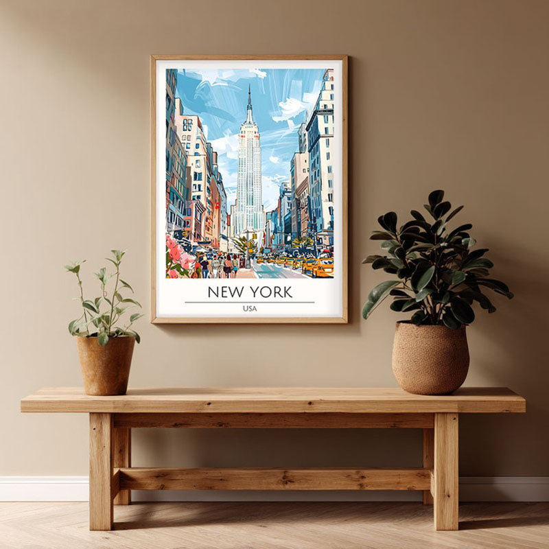 Vintage New York Framed Canvas Archival Canvas Wall Painting - Natural Brown Frame