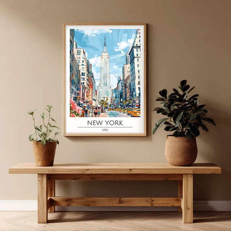 Vintage New York Framed Canvas Archival Canvas Wall Painting - Natural Brown Frame media 1