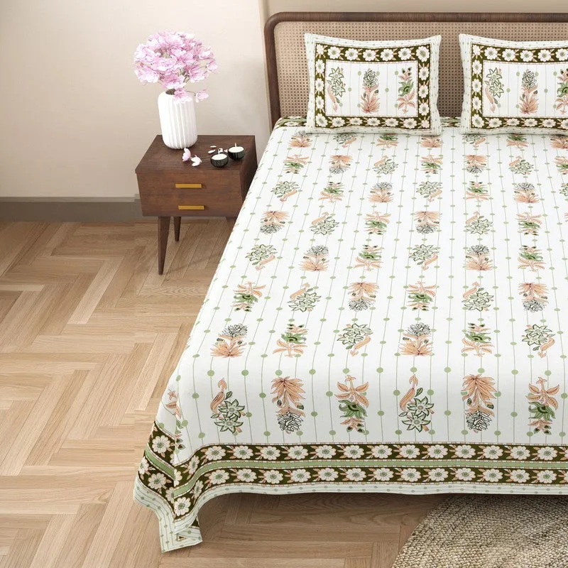 Heritagea Cotton Bedsheet (White,Olive Green) - 240 TC media 4