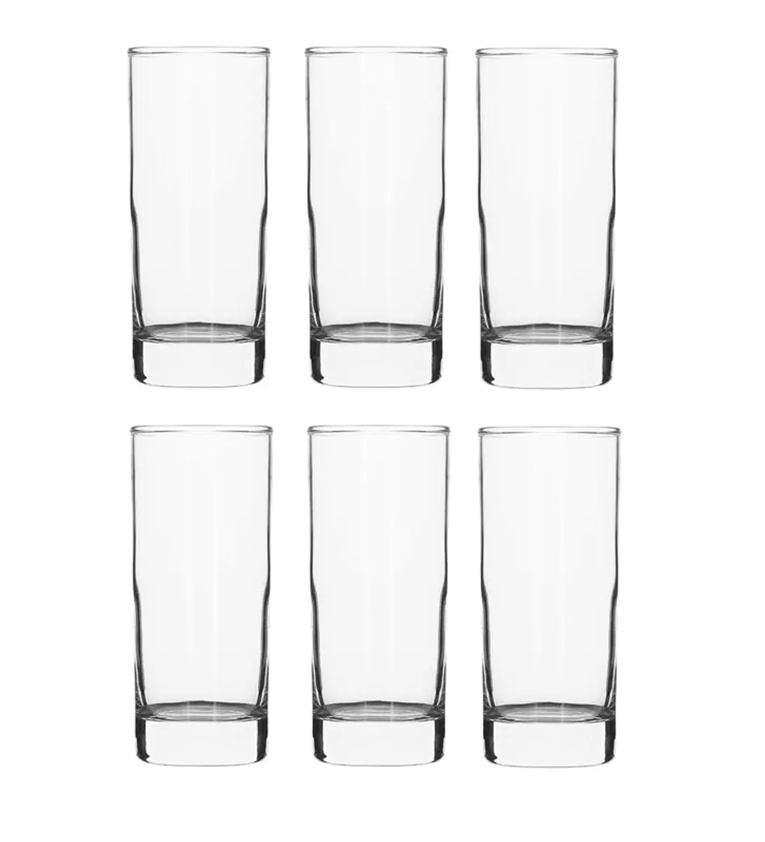 Six matching clear cylindrical tumblers arranged in two rows