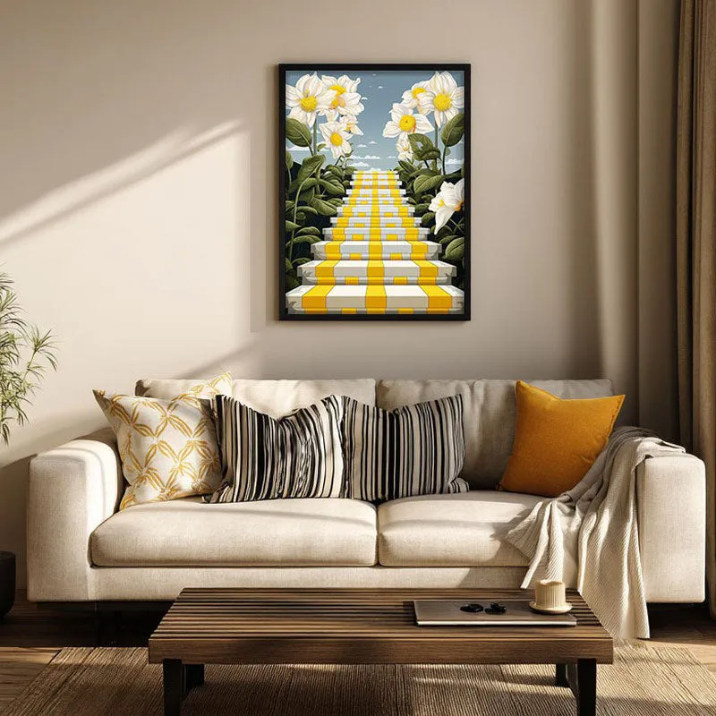 Stairway Of Flowers Canvas Wall Art - Black Frame media 1