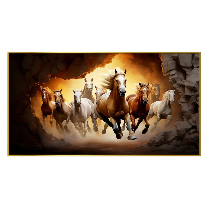 Sunlit Stallions Canvas Wall Painting With Frame - Gold media 3