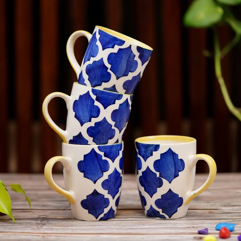 Ceramic Ceramic Coffee Mug (300 mL Each,Blue,Yellow) - Set Of Four media 1