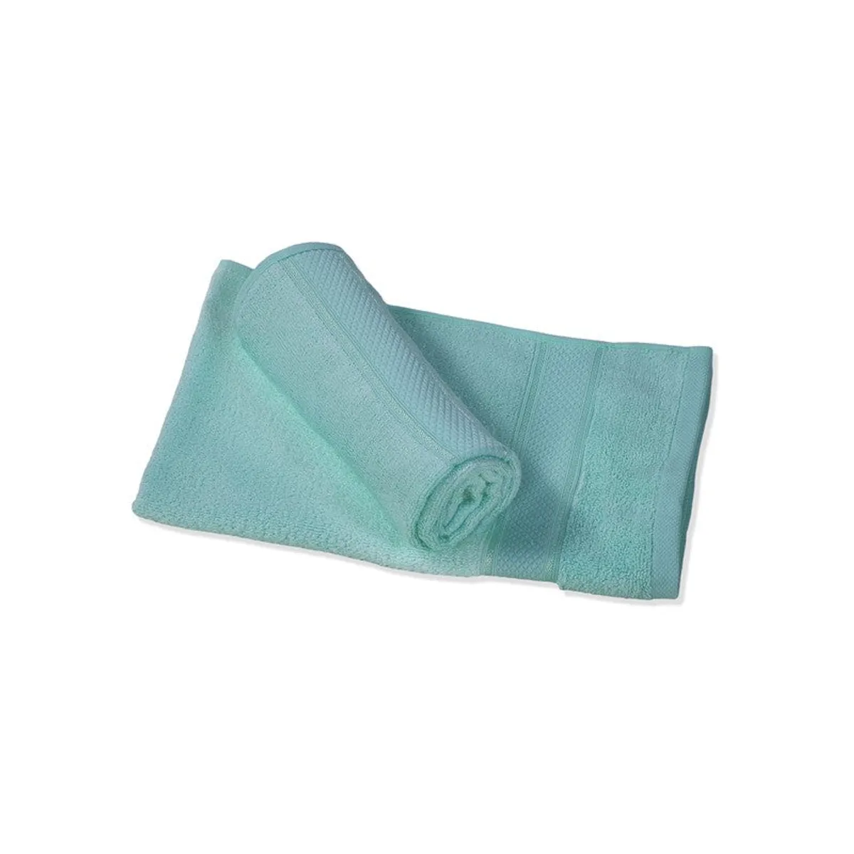 Rolled sea-green hand towel resting on a flat towel