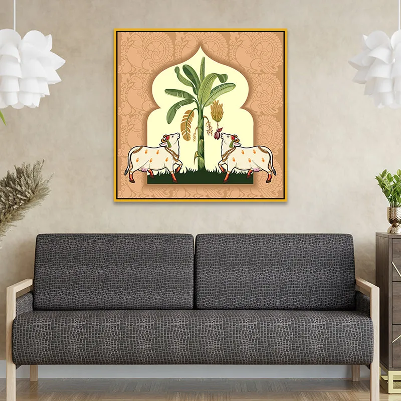 Cows & Canopy Canvas Wall Painting With Frame - Gold media 4
