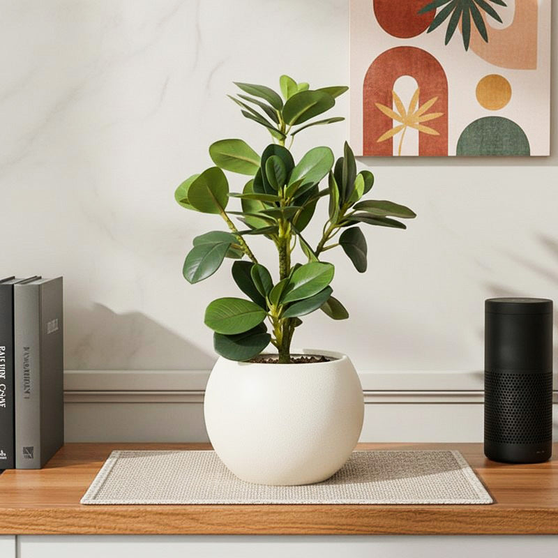 Artificial White Quercus Leaf Small Plant With Black Fiber Pot - 1 Feet