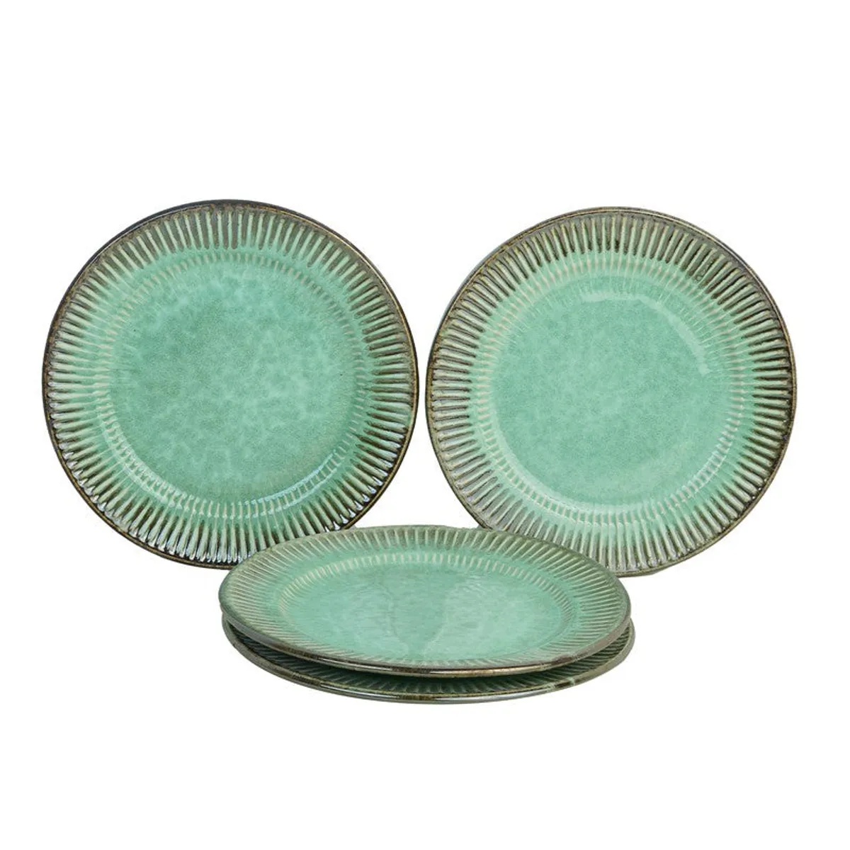 Four green ceramic quarter plates displayed on a clean white background.