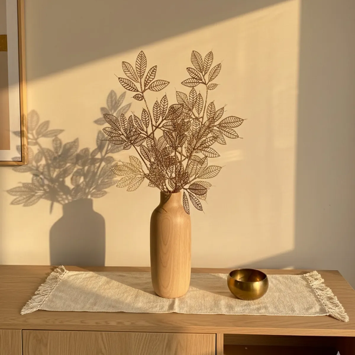 Close-up of detailed golden artificial leaves in a transparent vase