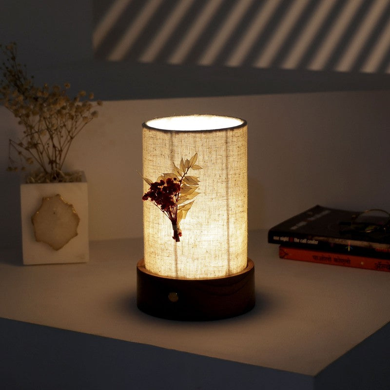 Illumo Cylindric Textured Base Fabric Wooden Table Lamp - Multicolor