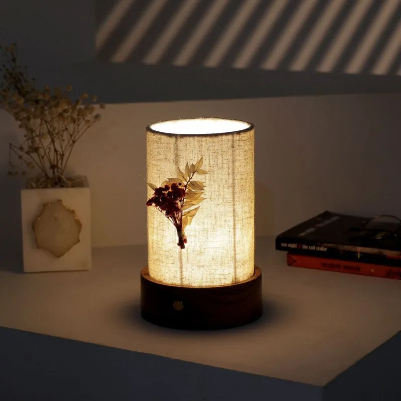 Illumo Cylindric Textured Base Fabric Wooden Table Lamp - Multicolor media 1