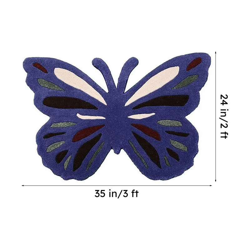 Blue butterfly-shaped carpet shown with its overall length and width