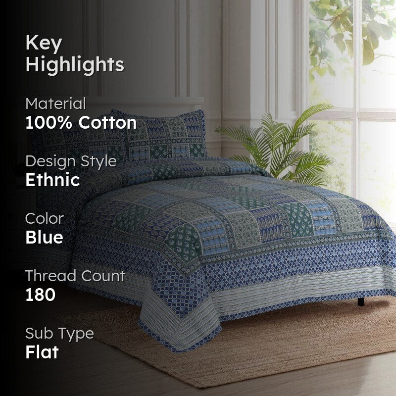 Jarda Applique Print Cotton Bedsheet (Blue) - 180 TC media 2
