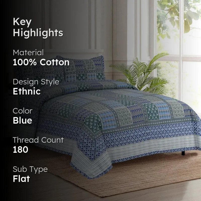 Jarda Applique Print Cotton Bedsheet (Blue) - 180 TC media 2
