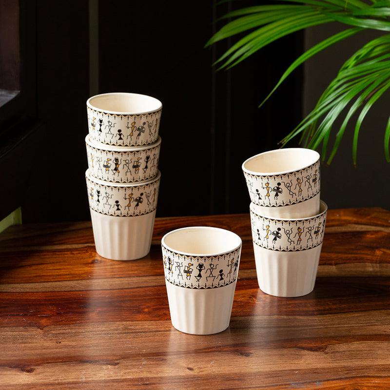 Warli Whirls Handpainted Ceramic Kulhads (160 ML) - Set Of Six