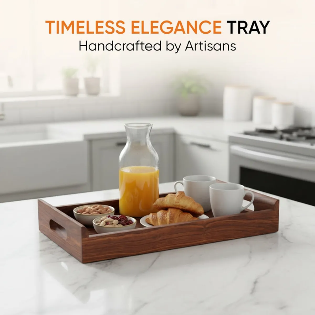 Brown wooden tray styled with breakfast items on a kitchen counter