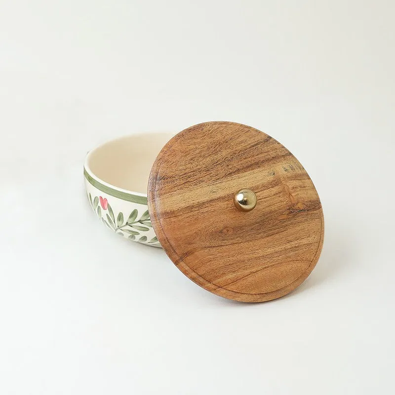 Spring Little Leafy Joy Ceramic Bowl with Mango Wood Lid - 750 mL media 5