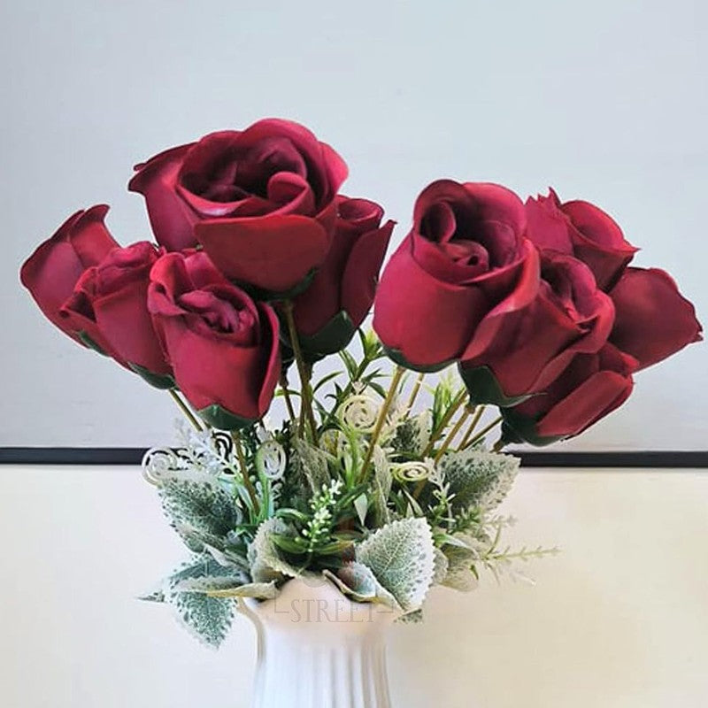 Rosebush Silk Artificial Flower - Red & Green media 8