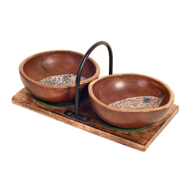 Paisley Motif Wood Dip Bowl With Stand - Three Piece Set media 6