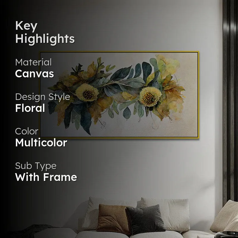 Ochre Autumn Floral Canvas Wall Painting With Frame - Gold media 2