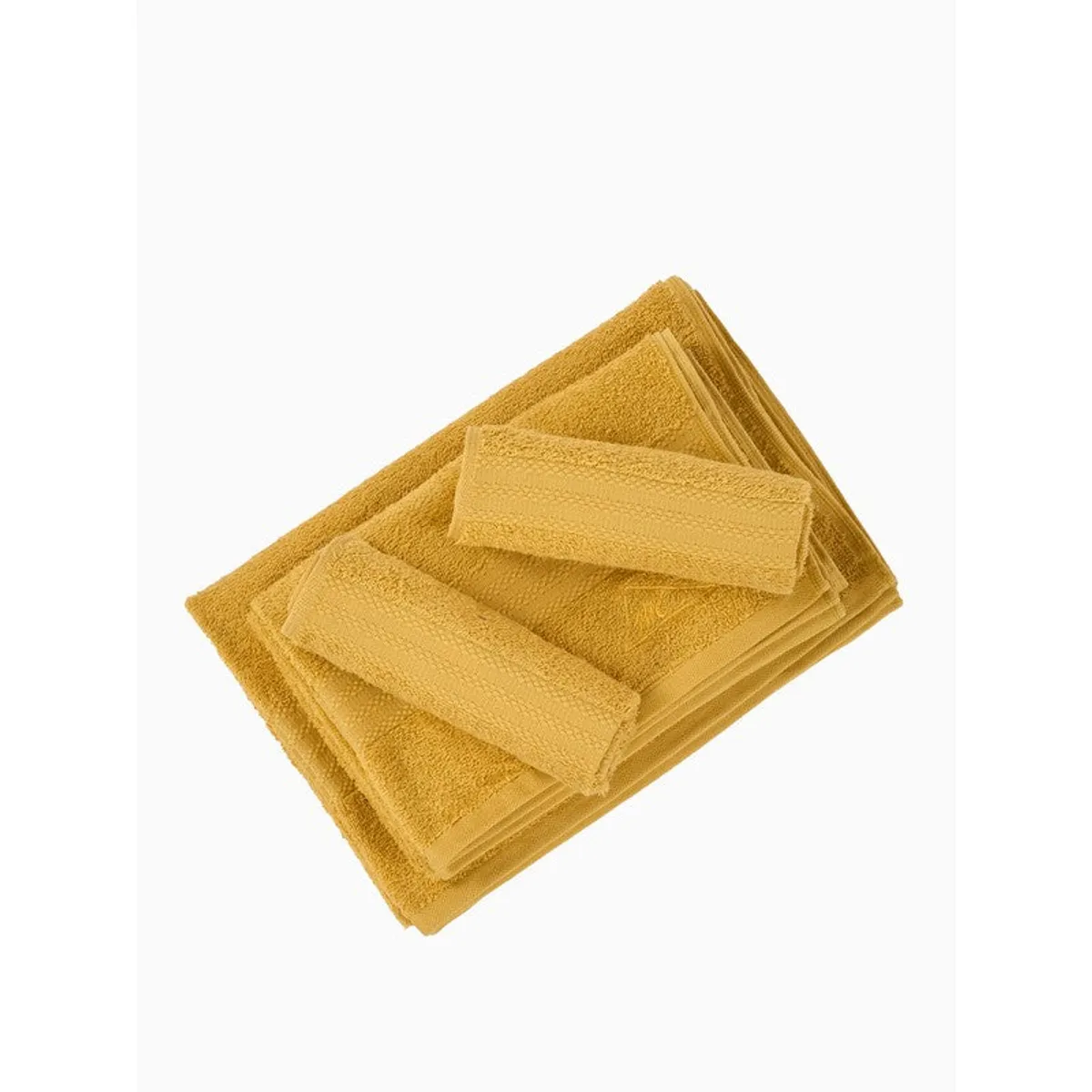 Top view of folded yellow towels arranged in a layered stack.