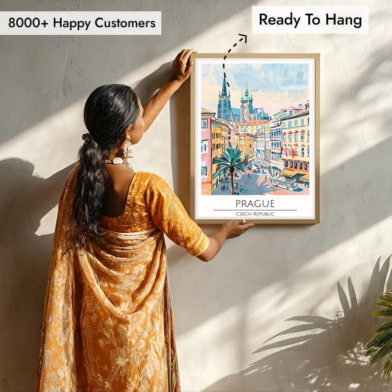 Vintage Prague Framed Canvas Archival Canvas Wall Painting - Natural Brown Frame media 7