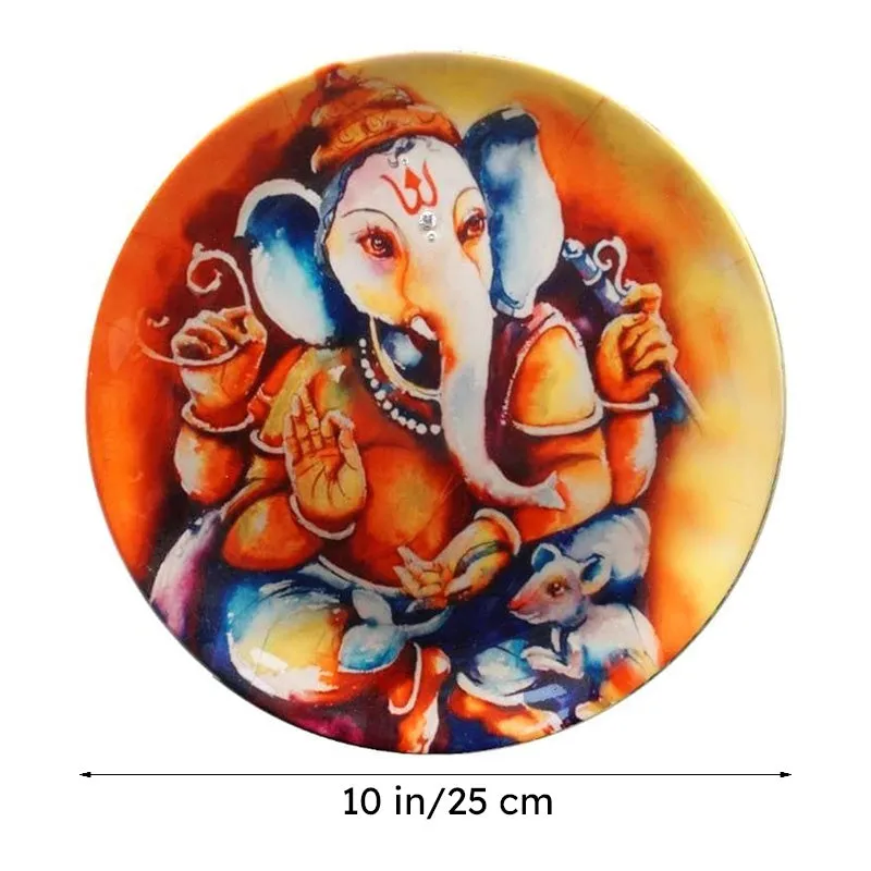 Round decorative plate with colourful Ganesha artwork and size line below