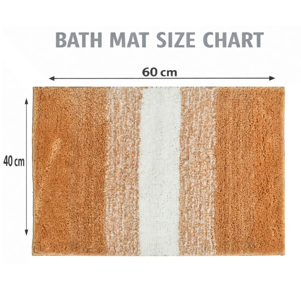 Rust and white rectangular bath mat shown with a size diagram