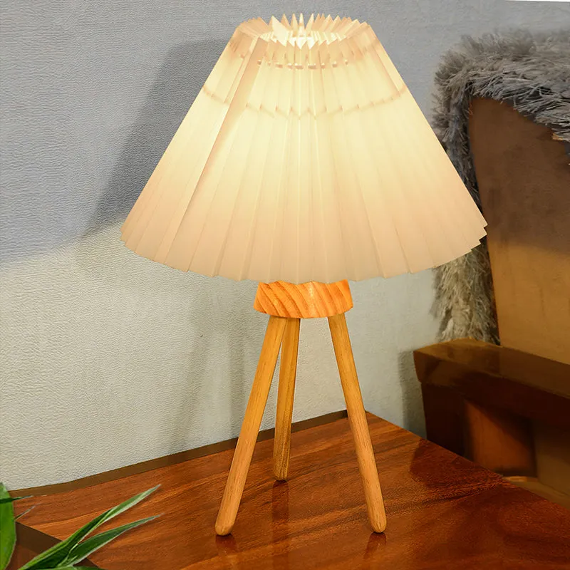 French Pleat Tripod Wooden Table Lamp - Beige,Brown media 1